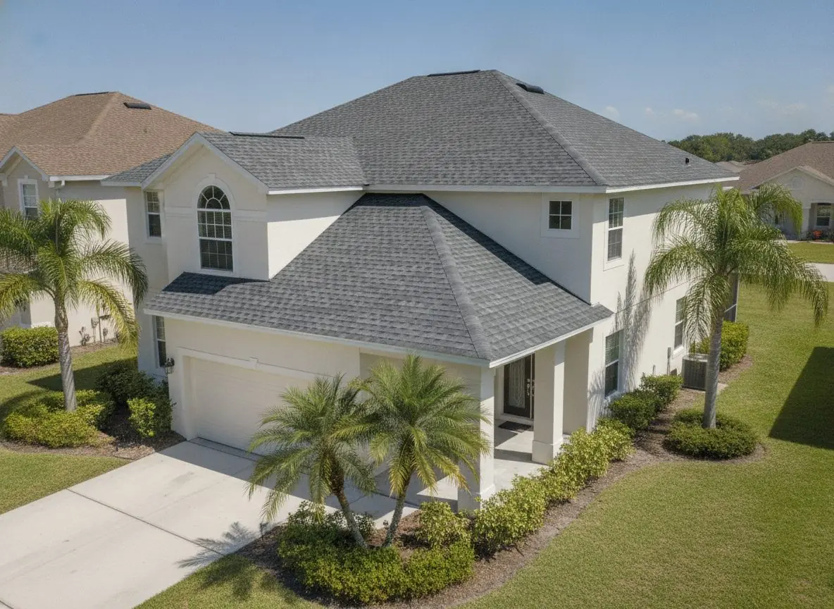 Two-story Florida home with a new gray shingle roof
