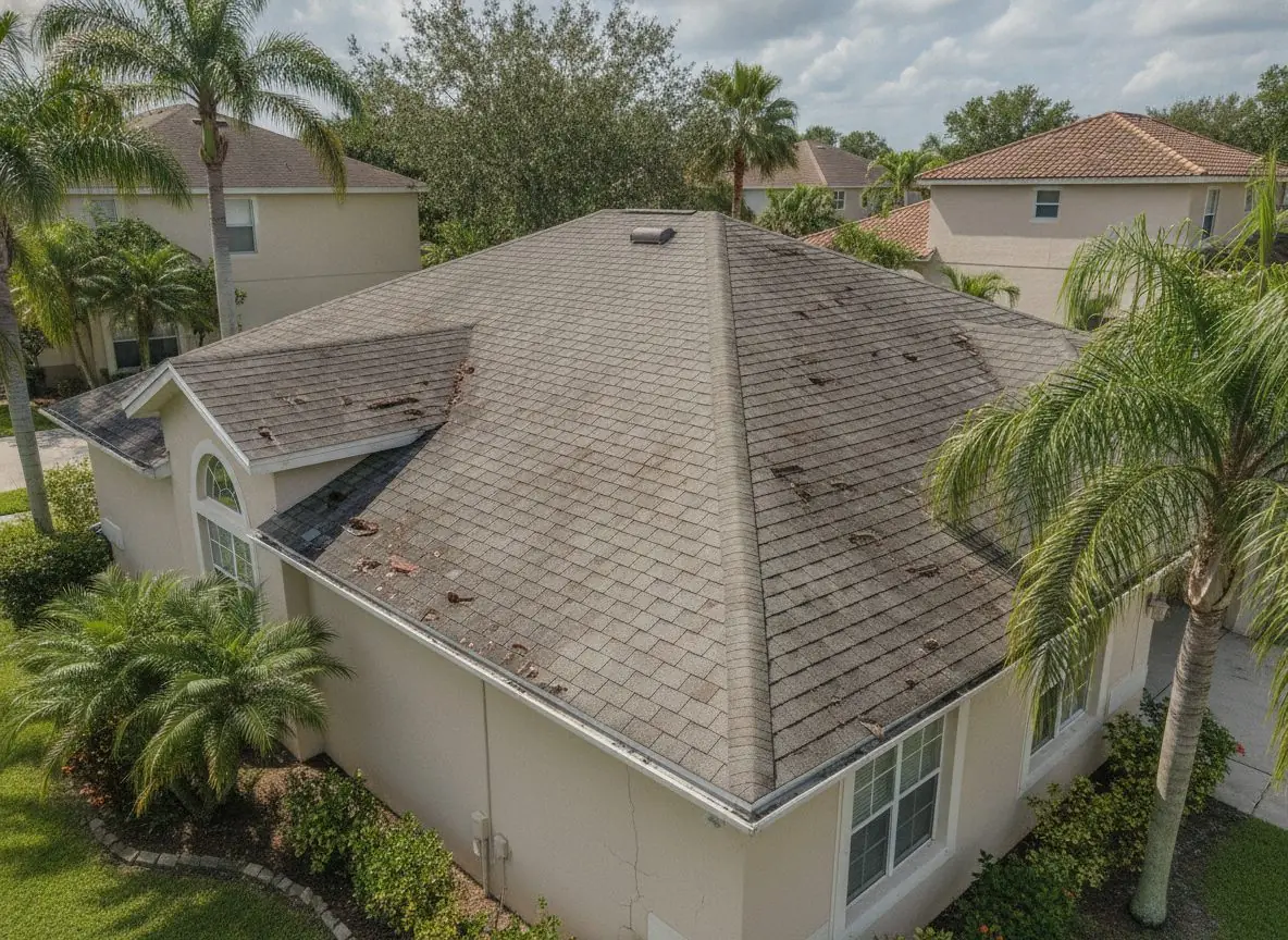 Worn asphalt shingle roof on a Florida home before replacement