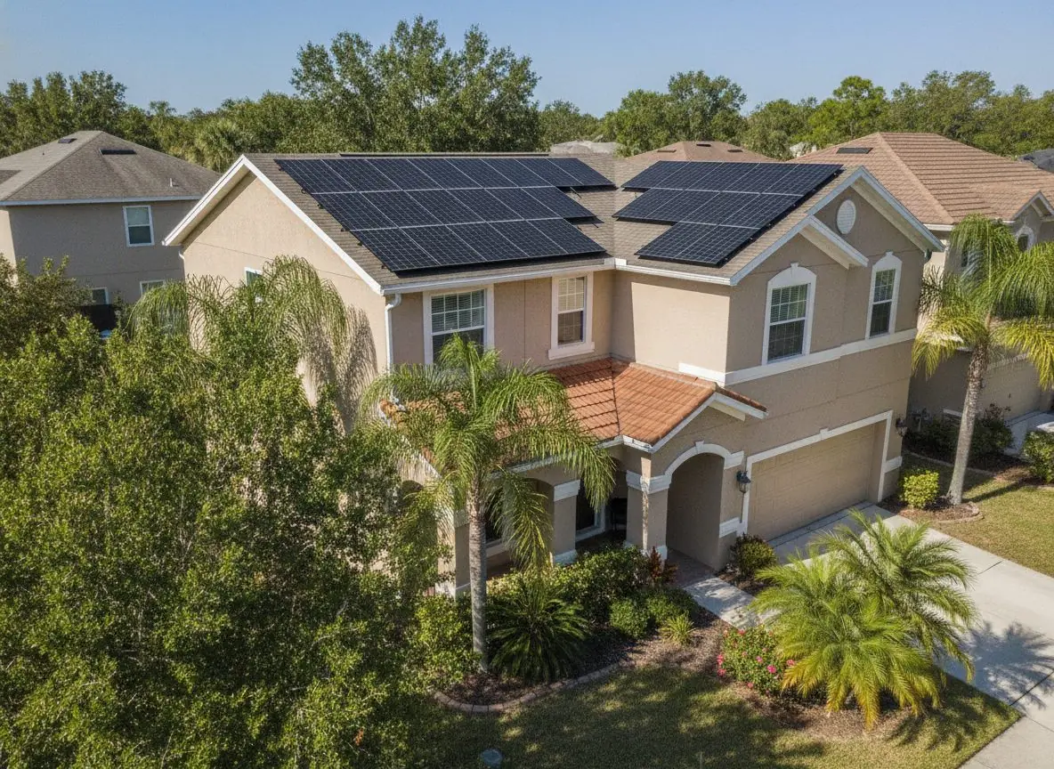 Florida home with rooftop solar panels among palm trees