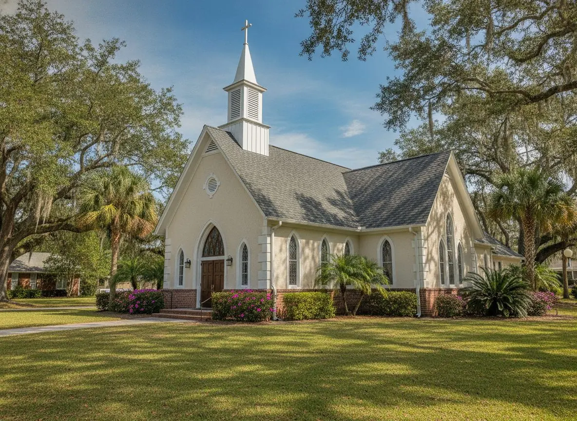 White church with a gray shingle roof and steeple among oak trees
