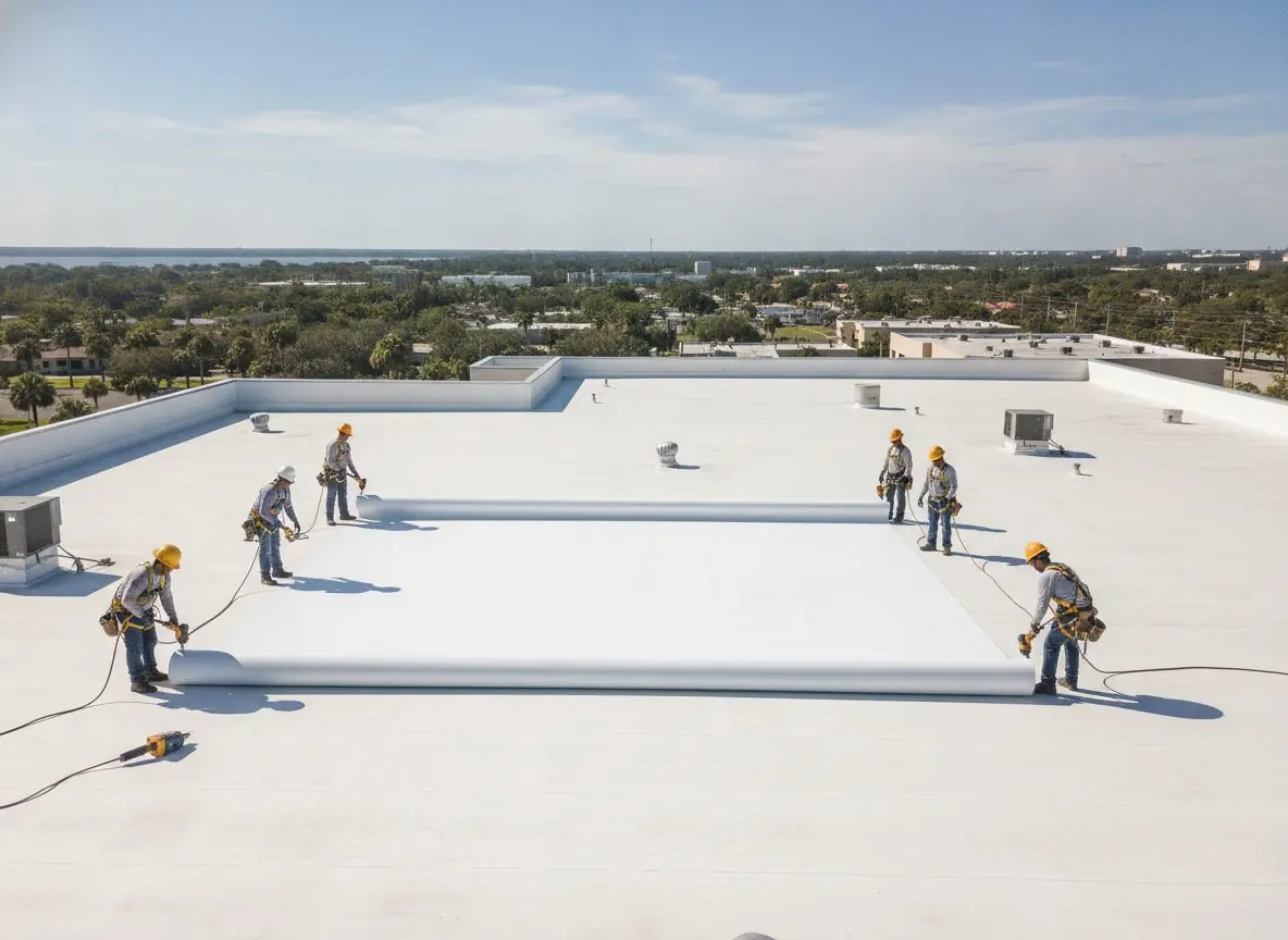 Crew installing a white TPO membrane on a commercial roof