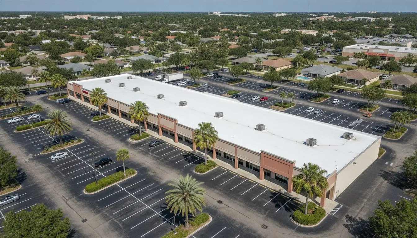 Retail strip center with a new white TPO roof, seen from above