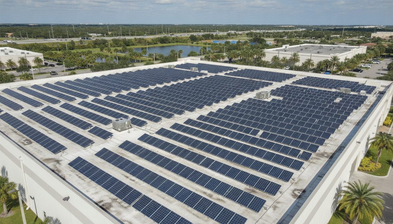 Commercial solar installation, aerial view