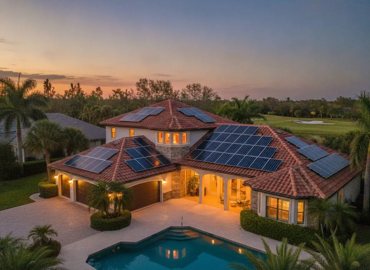 Tile-roof home with solar panels at dusk
