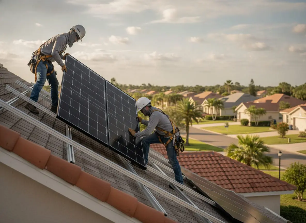 Installers setting solar panels on a tile roof
