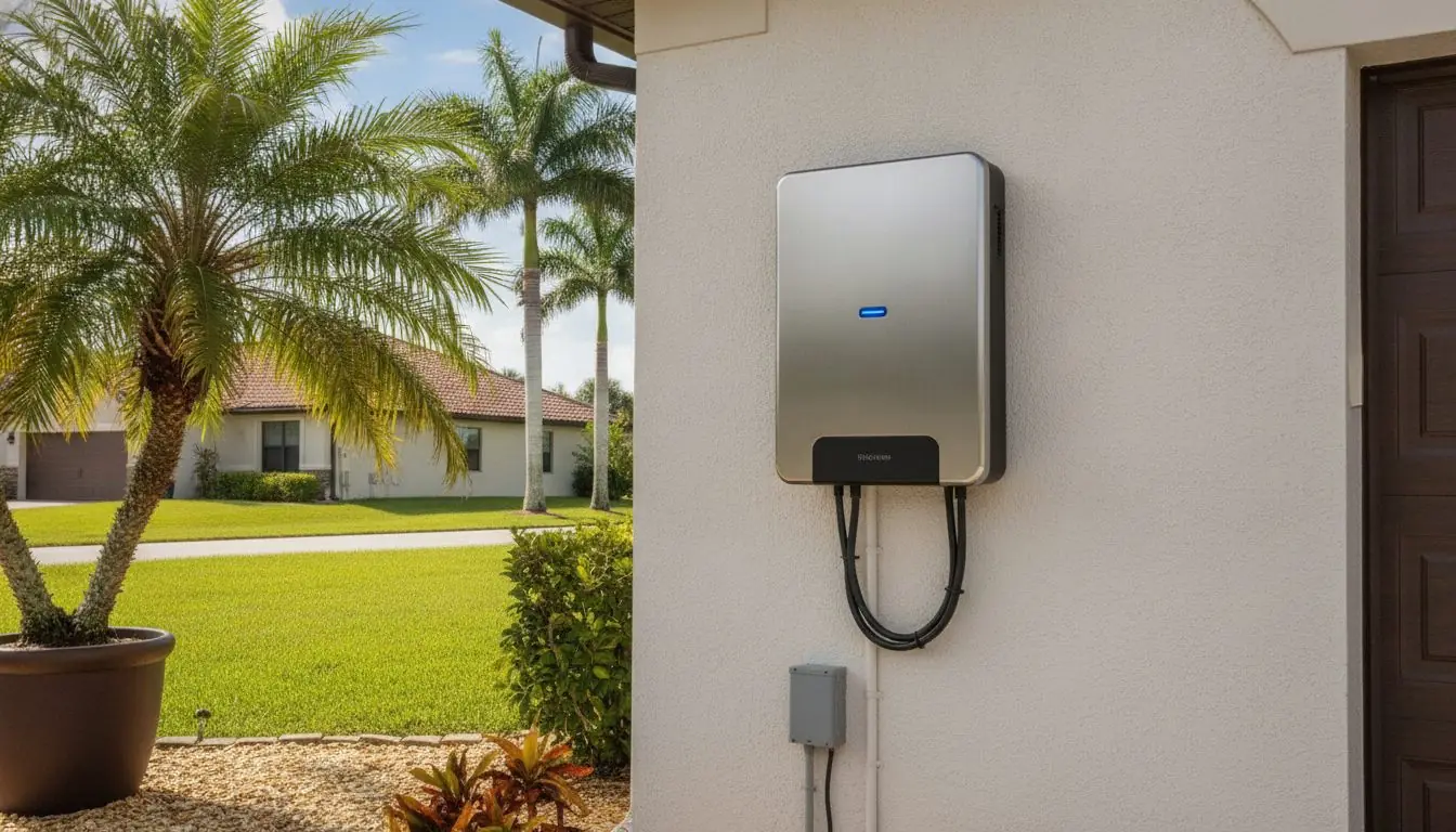 Home battery unit mounted on an exterior wall