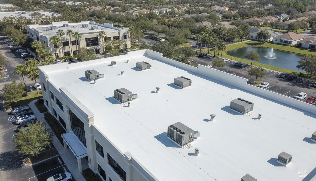 White low-slope commercial roof with rooftop units