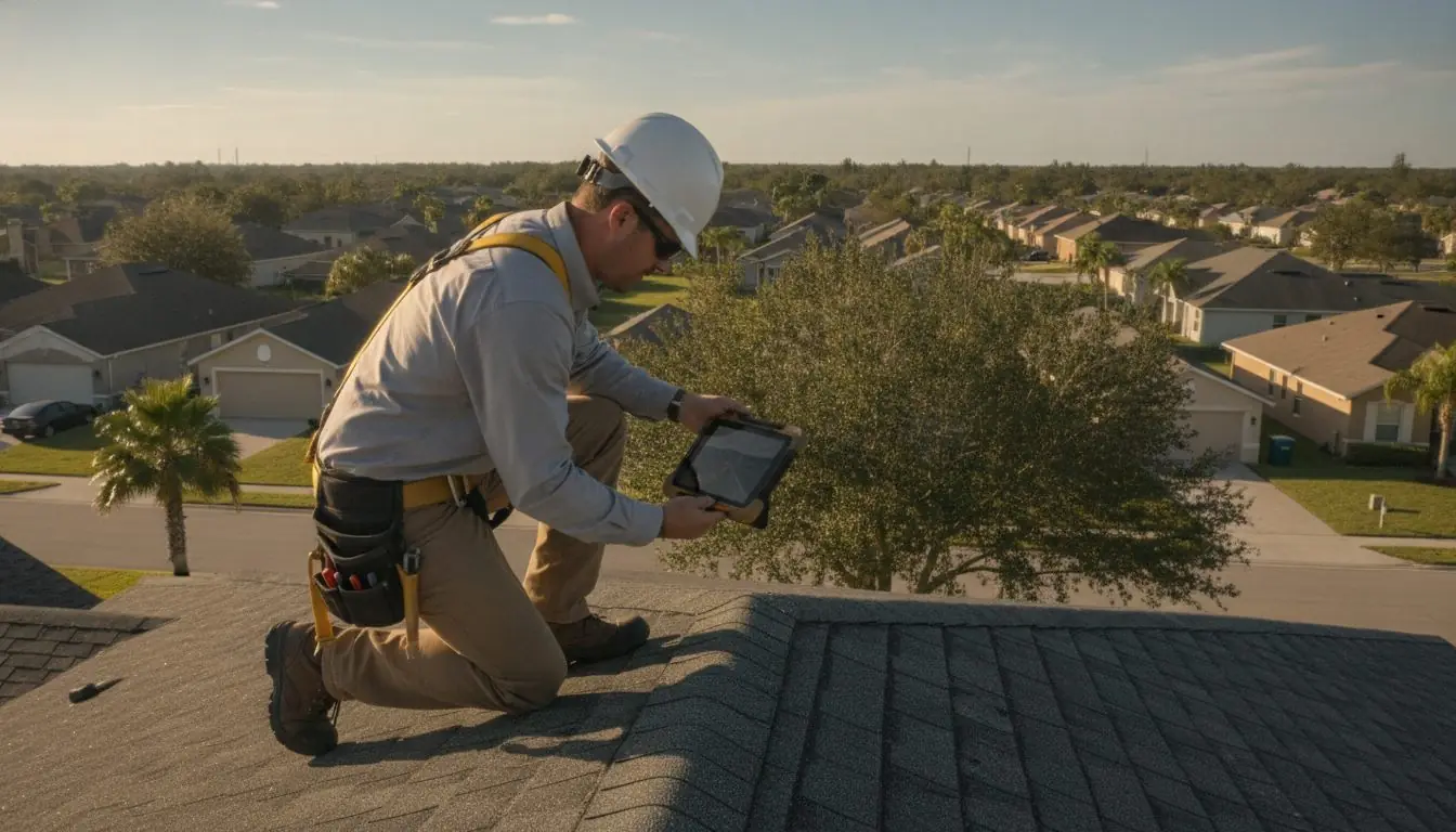 Roofer documenting a shingle roof on a tablet