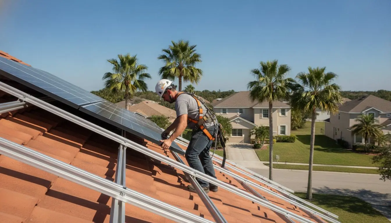 Technician installing a solar panel