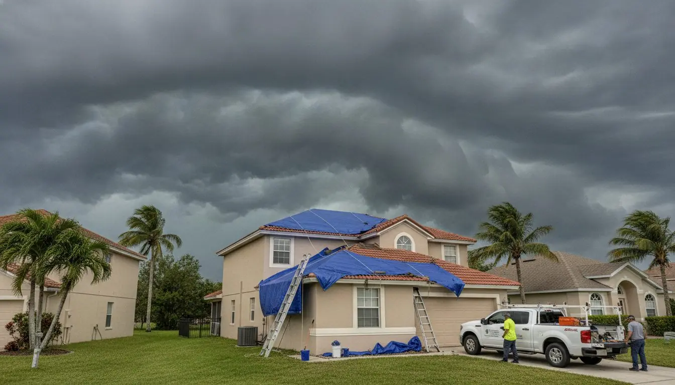 Storm-damaged home with a blue tarp on the roof