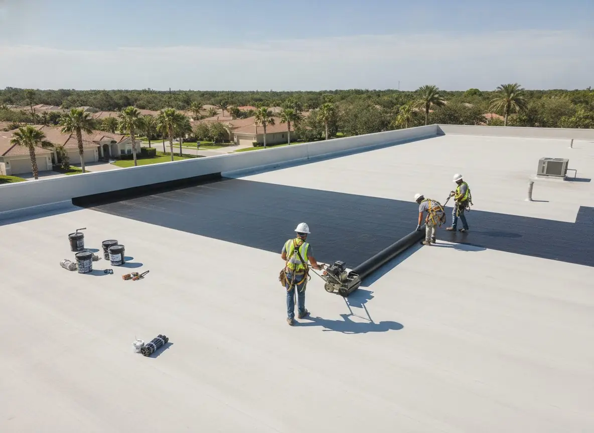 Commercial roofing crew at work