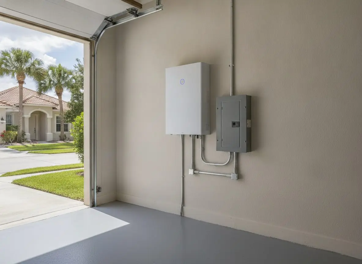 Home battery and electrical panel in a garage