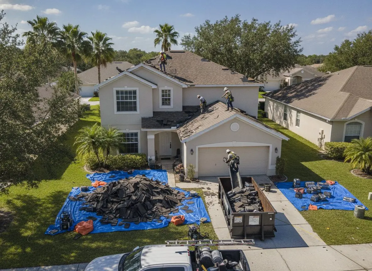 Crew replacing the roof on a Florida home
