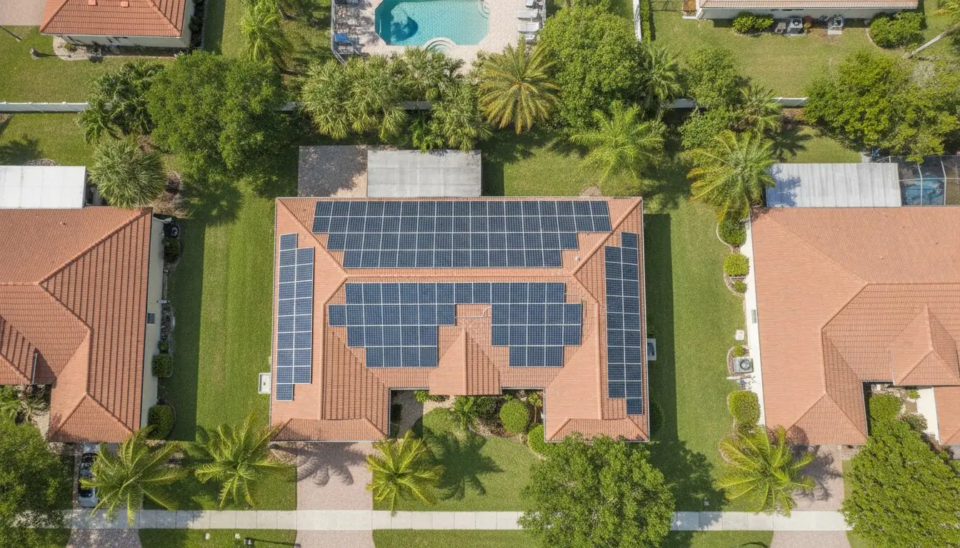 Aerial view of solar panels on a tile roof